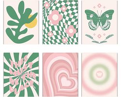 Morobor Deense pastelkleurige wanddecoratie, esthetische groene en roze poster, kamerdecoratie, niet-ingelijst, canvas, abstract, meisjes, vrouwen, slaapkamer, studentenkamer, 6 stuks (20 x 25 cm)