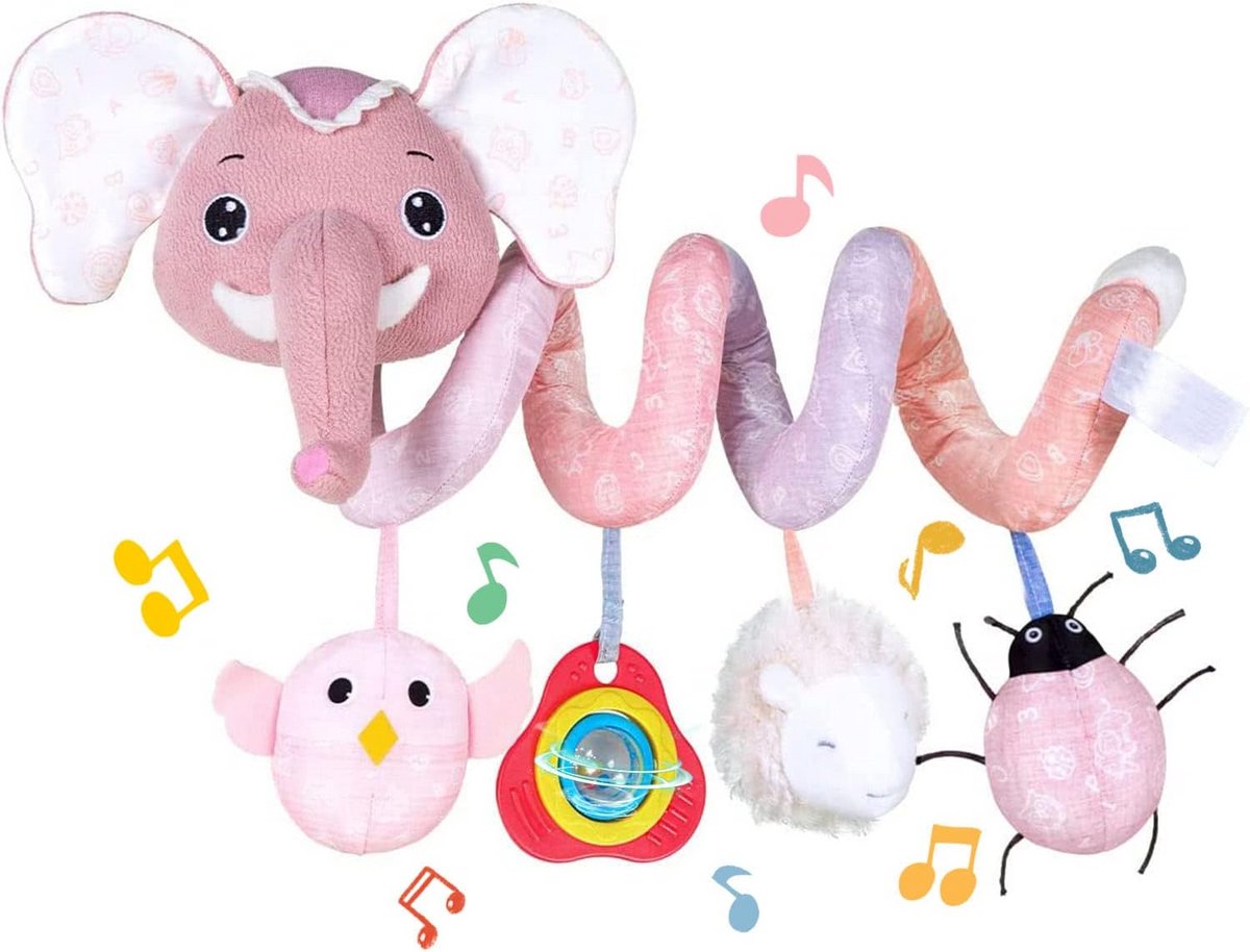 Baby Autostoeltje Speelgoed - Pluche Spiraal Activiteitshangend Speelgoed voor Kinderwagen met Muziekdoos en Rammelaars