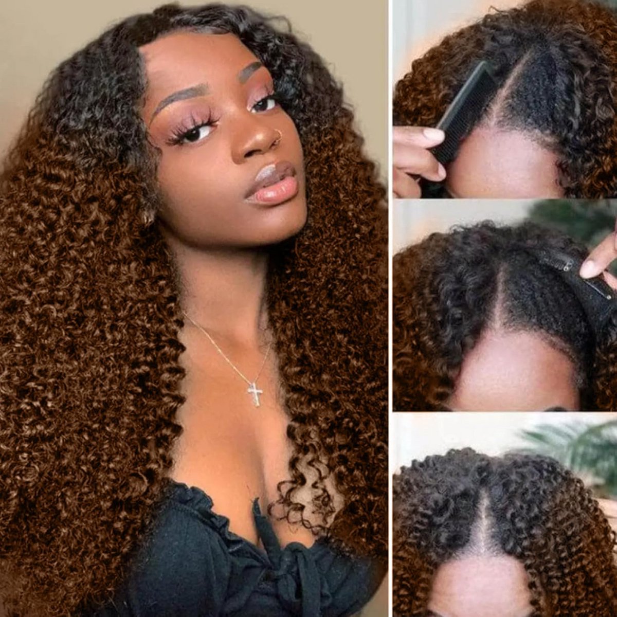 Ombre Bruine Kleur Gevulde Krullende V Part Perücken voor Vrouwen - 18 Inchs