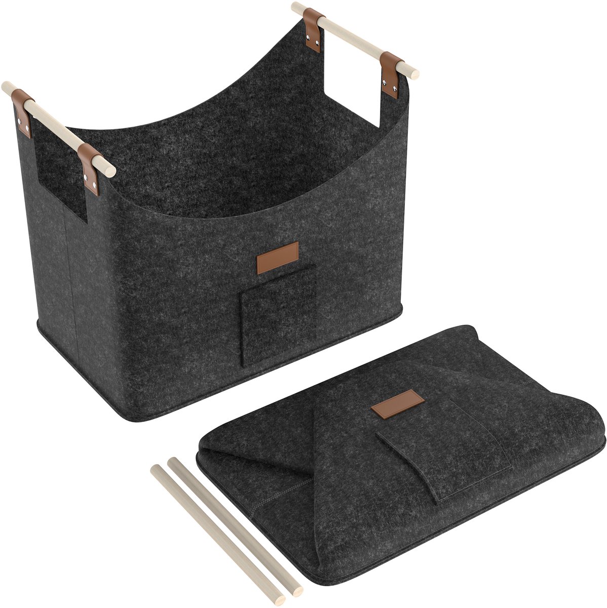 Aufun Opvouwbare Viltmand voor Haardhout - Extra Dikke Brandhoutmand met Handvat 50x32x40cm | Voor Brandhout & Kranten, Donkergrijs