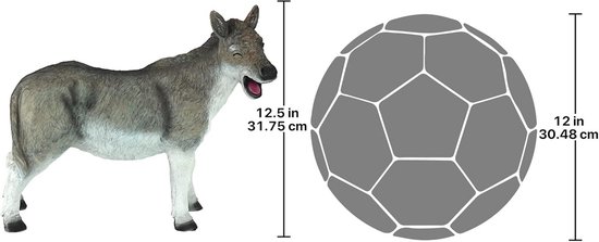 Grijze ezel van 31.75 cm naast een bol van 30.48 cm.