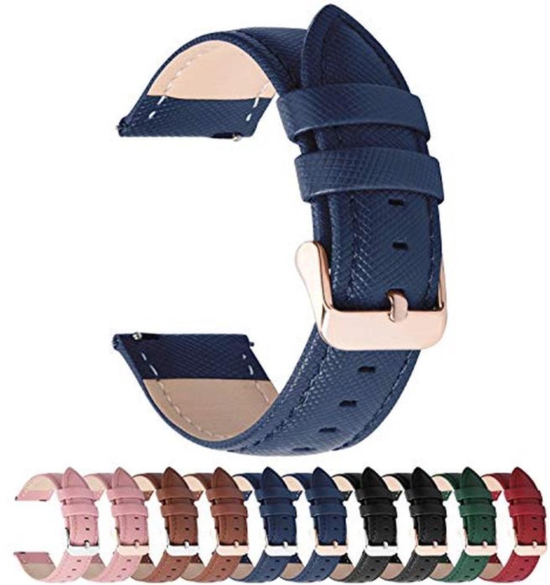 20mm leren horlogeband - vervangband voor smartwatch met RVS sluiting - donkerblauw en roségouden gesp