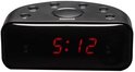 Zwarte wekkerradio met rode digitale tijdsaanduiding 5:12.