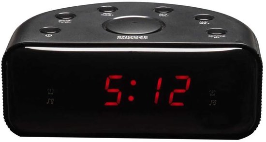 Zwarte wekkerradio met rode digitale tijdsaanduiding 5:12.