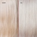Voor en na foto van blond haar, links vóór en rechts na de behandeling, met de tekst 'VOOR' en 'NA'.