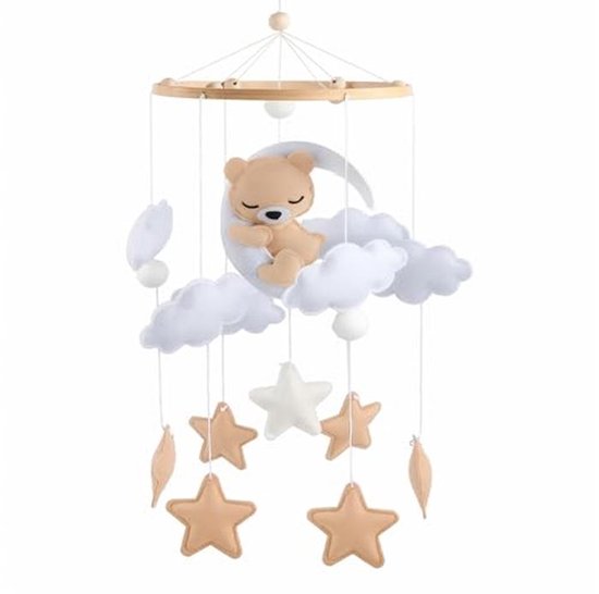 Babybed Van Hout Met Vilten Ballen, Bel Voor Pasgeborenen, Baby Cot Mobile Mobiel Kinderen Beer Wolken Maan En Sterren Klokken Kinderkamer Meisjes Beige 2136711257