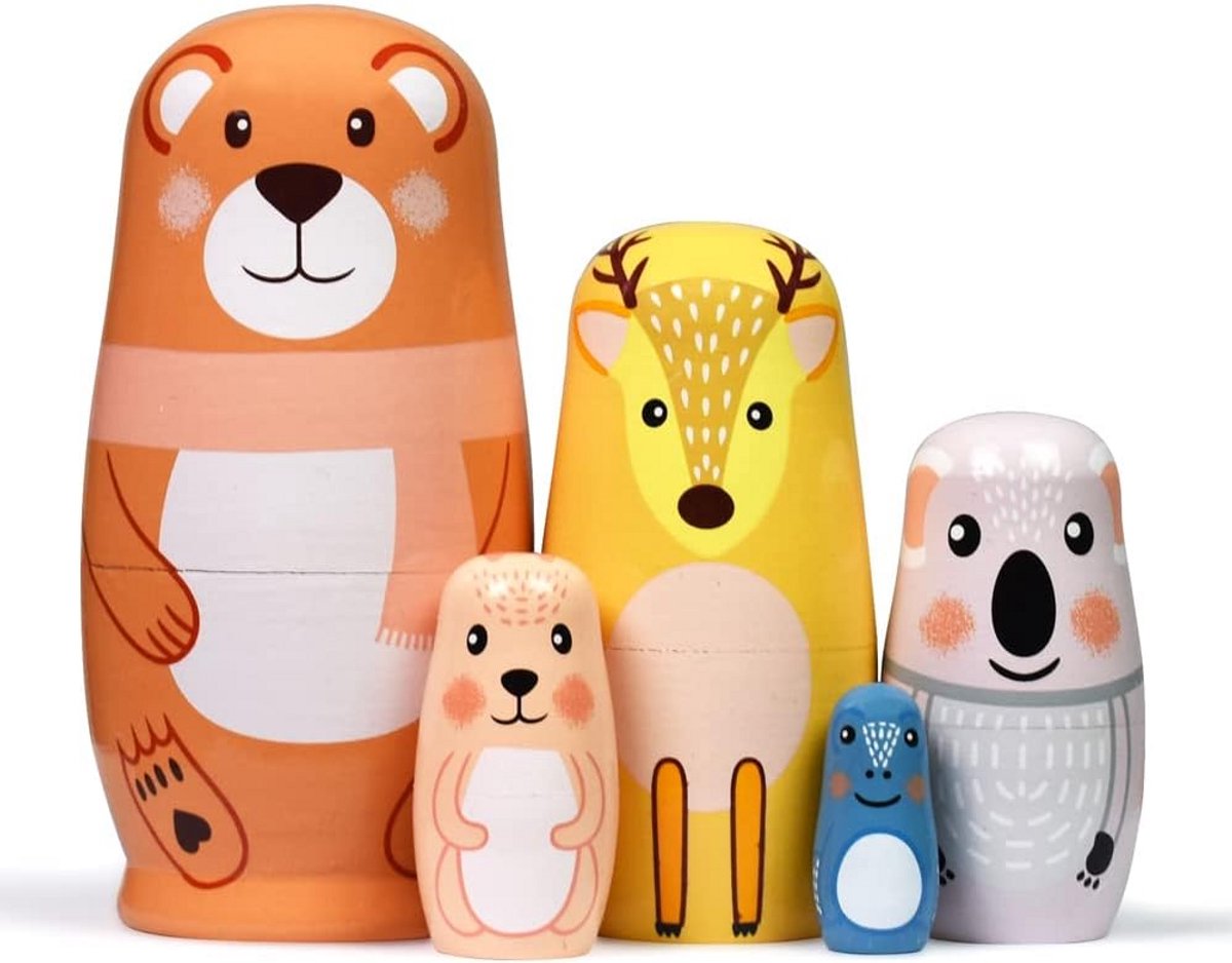 Houten Russische Matroesjka Dieren - 5 Stuks - Speelgoed voor Kinderen vanaf 3 Jaar