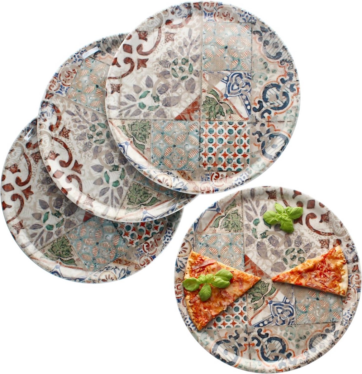 Set van 4 grote pizzaborden Ø 33 cm - mediterrane tegellook voor pizza en serveren