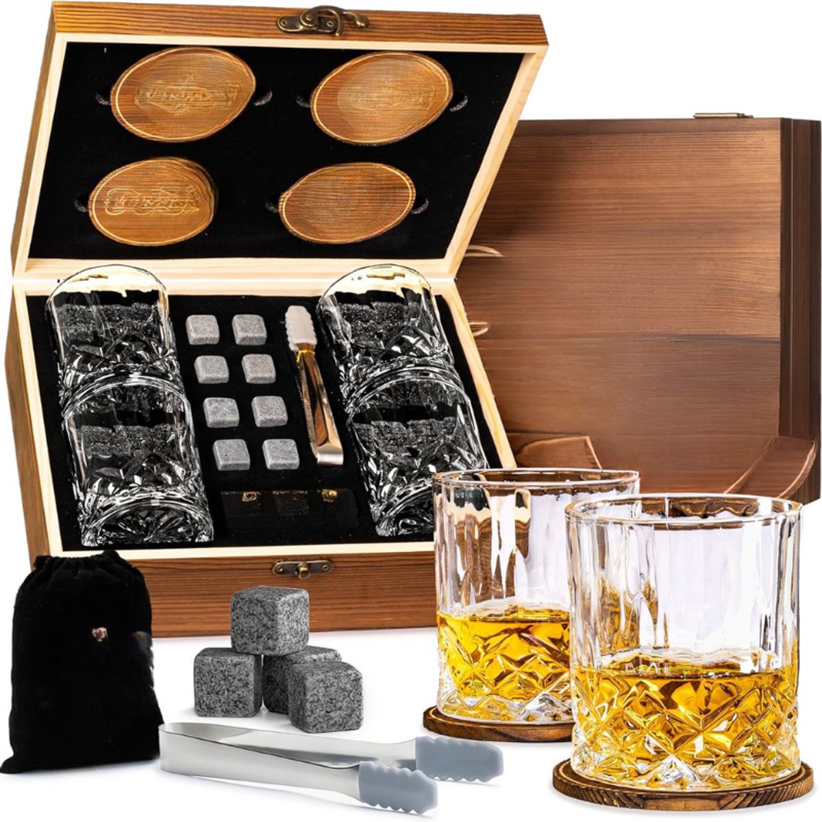 Luxe Whiskey Cadeauset – Inclusief 4 Whiskeyglazen 250ML – 8 Whiskeystenen – 4 Onderzetters – Fluwelen Opbergzak – Opbergdoos – Herbruikbare IJsblokken