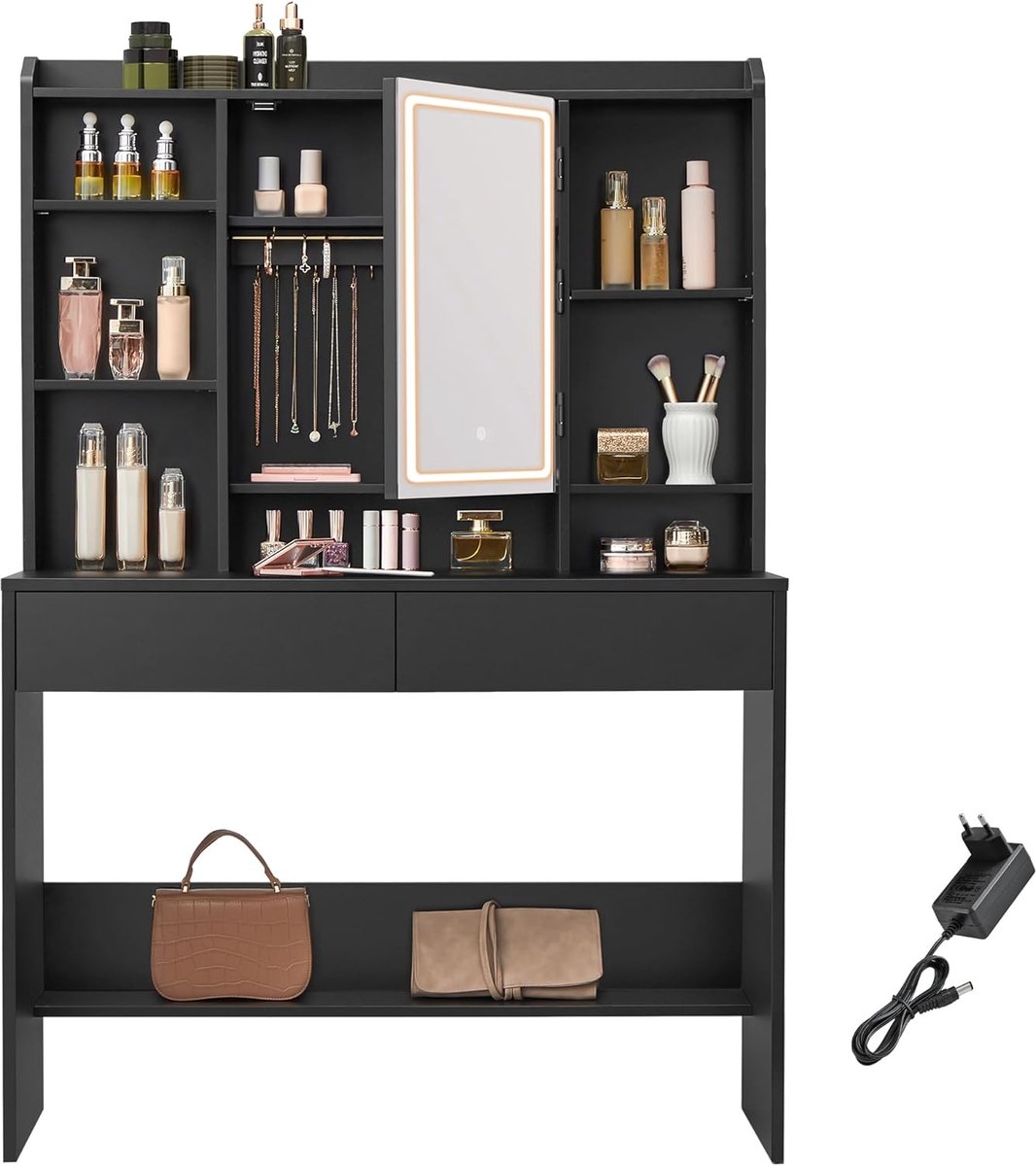 FurnStar Make-uptafel met LED-verlichting en Spiegel – Kaptafel met 3 Lichtkleuren & Dimbaar – Met 2 Lades en Verstelbare Planken – Modern Design – Inktzwart