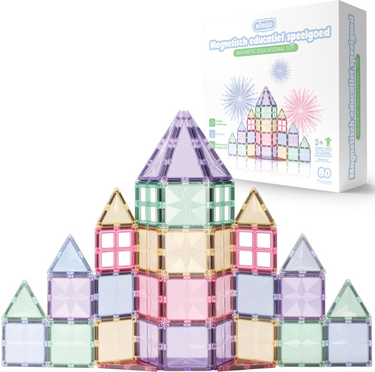 Elissio® Star Pastel – Magnetische Bouwstenen - Magnetische Tegels – 80-delig Constructiespeelgoed – Montessori Magnetisch Speelgoed voor Kinderen