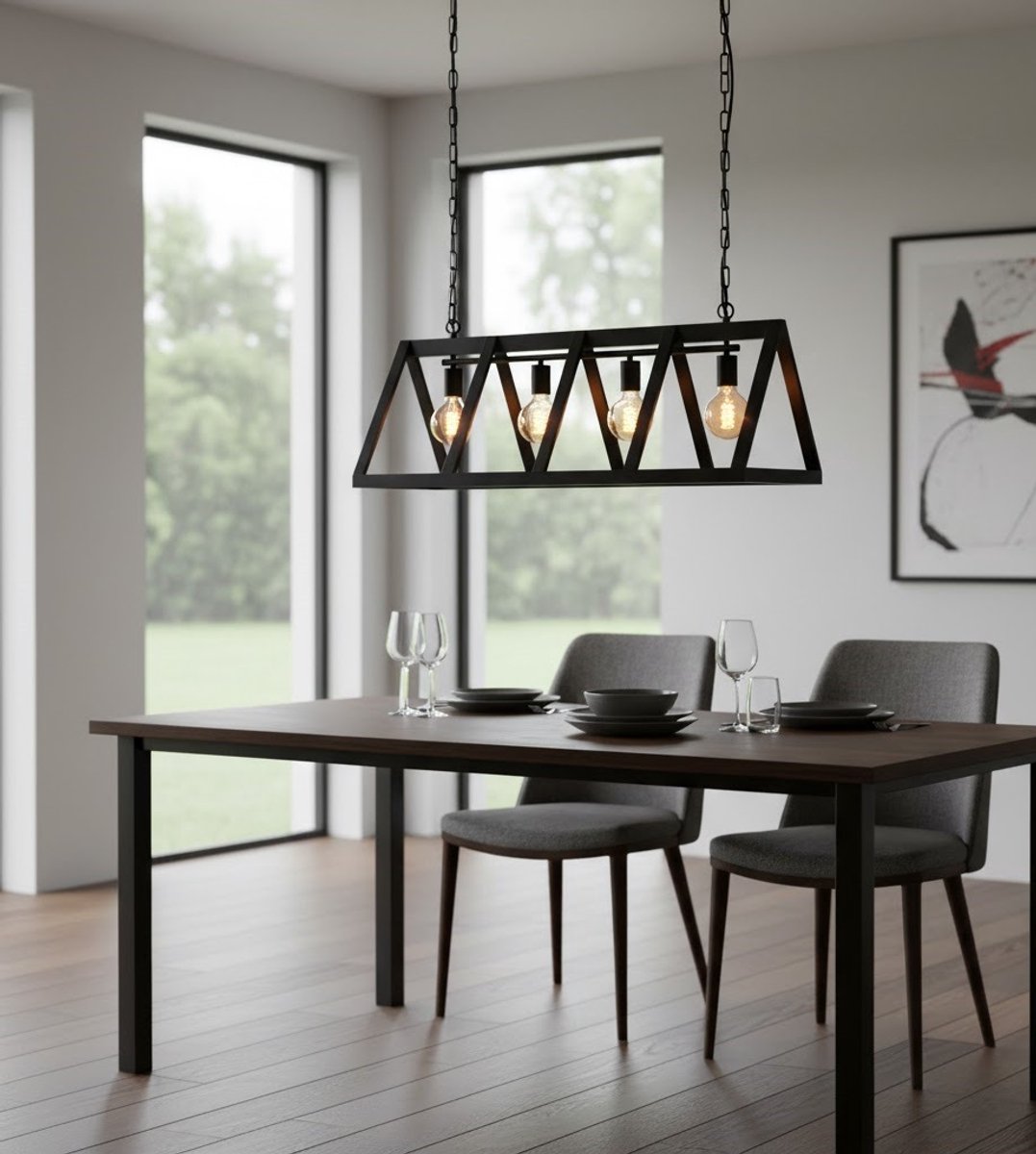 Hanglamp Prisma XL – Industrieel Zwarte Stalen Eettafellamp 95x95x38 cm – 4-Lichts Designlamp – Altameubel