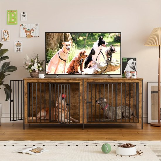 Cage de transport pour chien - Cage de transport - Niche pour chien - Meuble pour cage - XXL 200x70x85 cm - Bois et métal - Cloison amovible - 4 Portes - Robuste pour les grands Chiens jusqu'à 200 kg