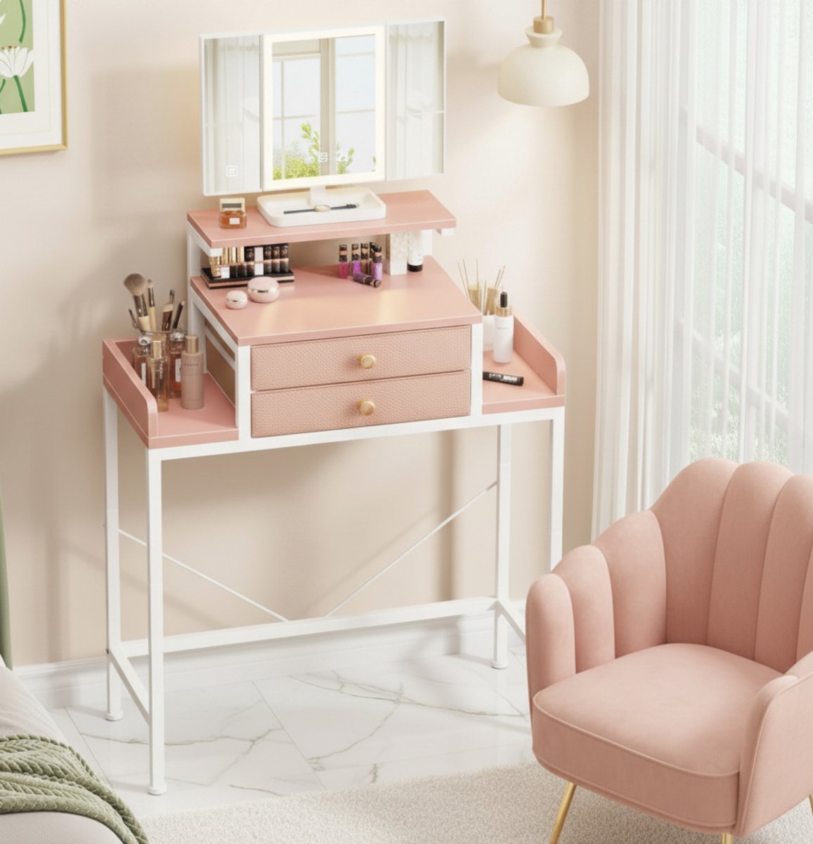 Make-uptafel 70×31,5×92,2 cm – Kleine Kaptafel met LED Spiegel, 2 Stoffen Laden, Instelbare Helderheid & Kleurtemperatuur, Roze – Compacte Cosmeticatafel voor Kinderen en Volwassenen – Altameubel