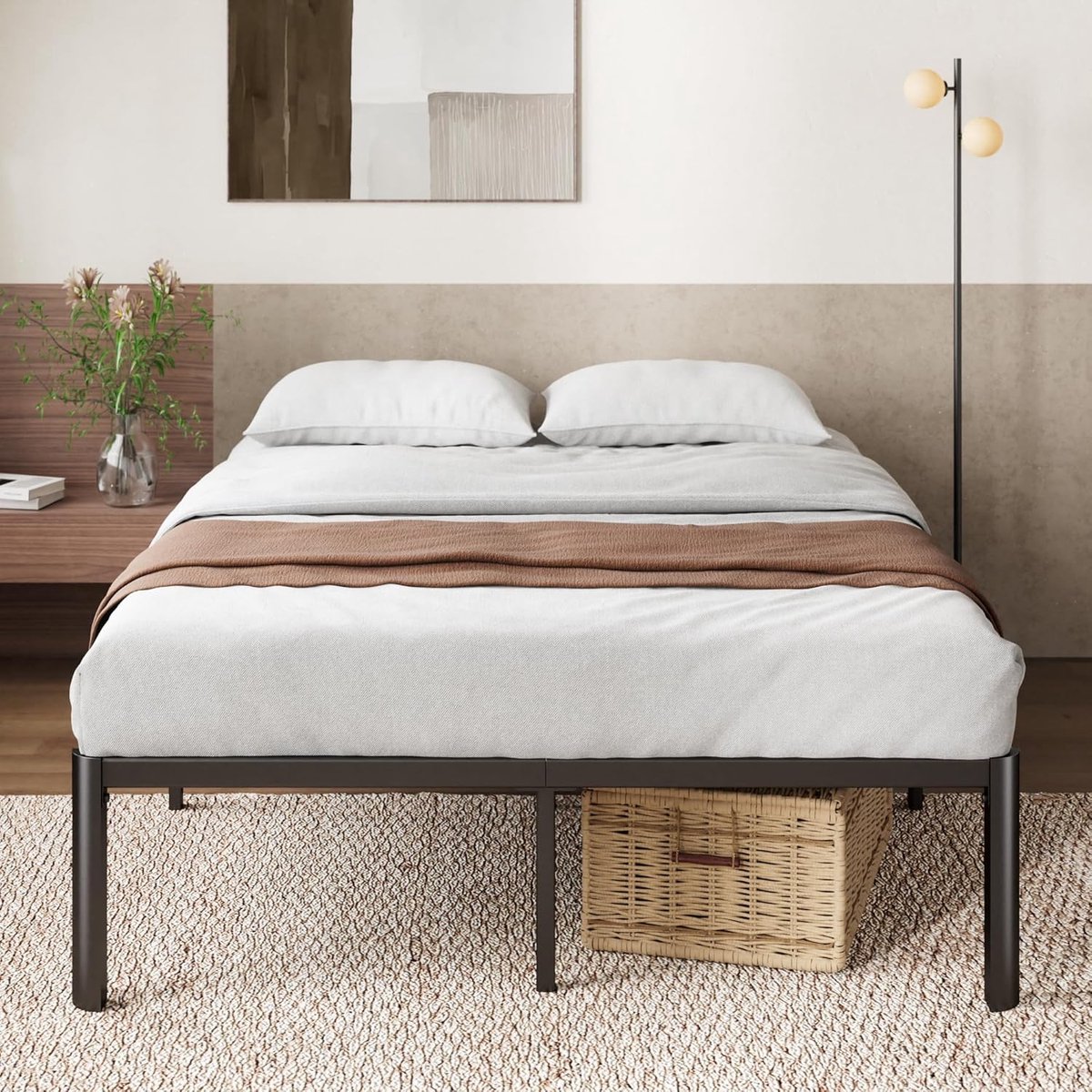 Hoog Tweepersoons Metaalbed 180x200 cm met Opbergruimte Onder het Bed – Zwart Platformbed met Stil Lattenframe, Modern & Minimalistisch – Duurzaam en Eenvoudig te Monteren