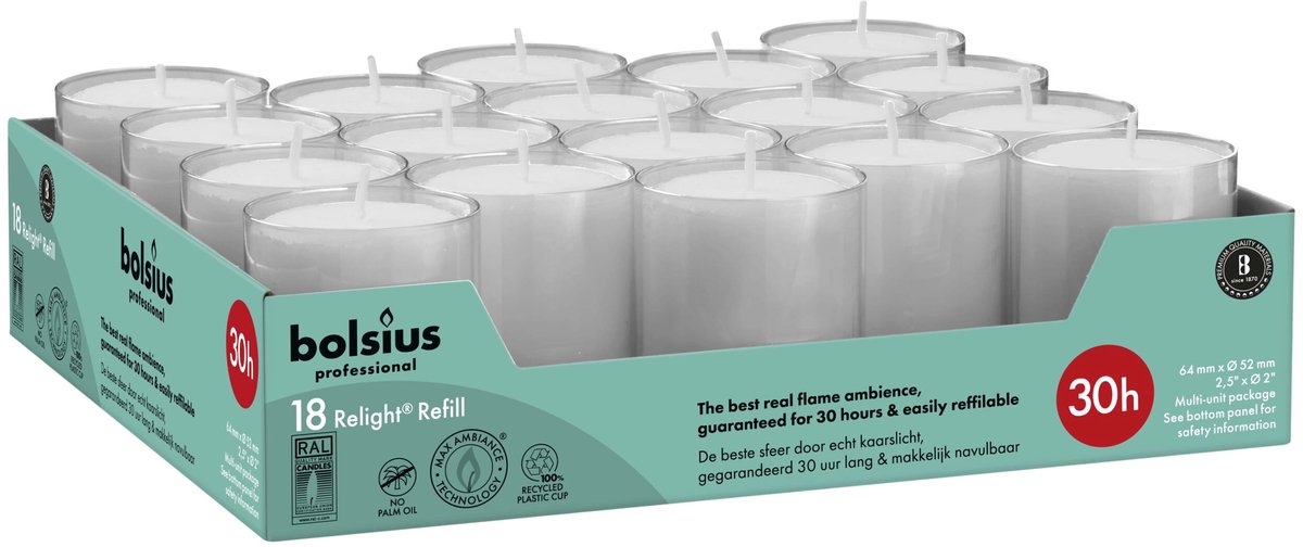 Bolsius Horeca Relight Navullingen 64/52 Grijs (18 stuks)