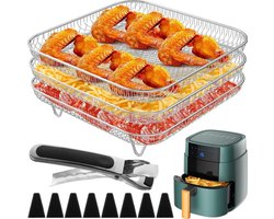 3-laags Airfryer-rek ,Vierkant Airfryer-grillrek, RVS grill-dehydratorrek ,Stapelbaar Airfryer-mandje, met 8 siliconen voetjes 1 anti