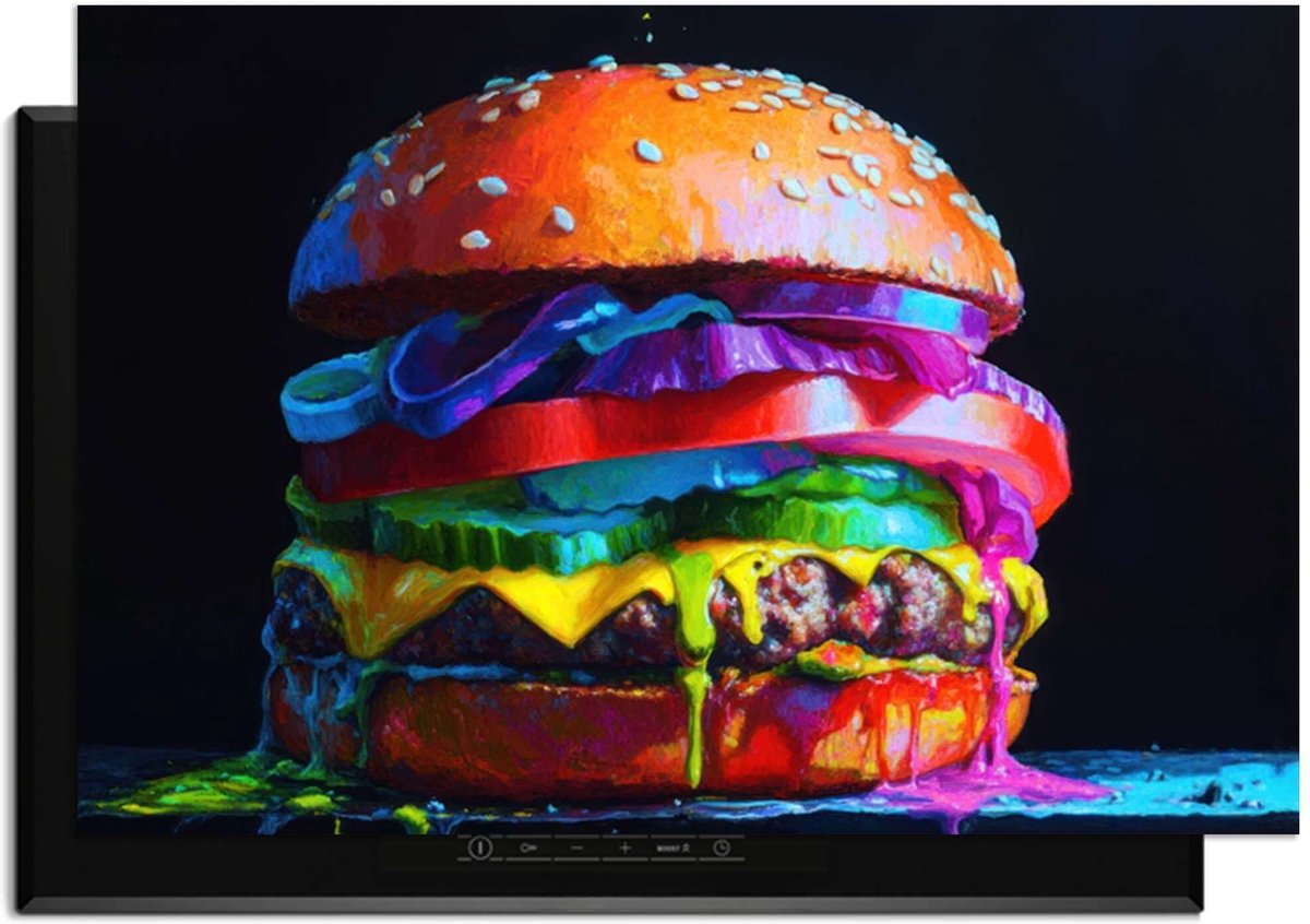 KitchenArt - Pop Art Burger - Inductie Beschermer - 90x50 cm - Kookplaat Beschermer - Luxe Afdekplaat Inductieplaat - Anti-slip & Oprolbaar - Beschermmat Inductiekookplaat