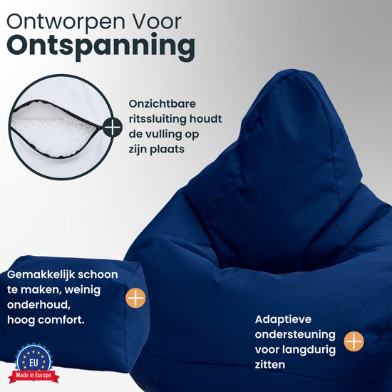 Donkerblauwe zitzak met een close-up van de verborgen ritssluiting en vulling.