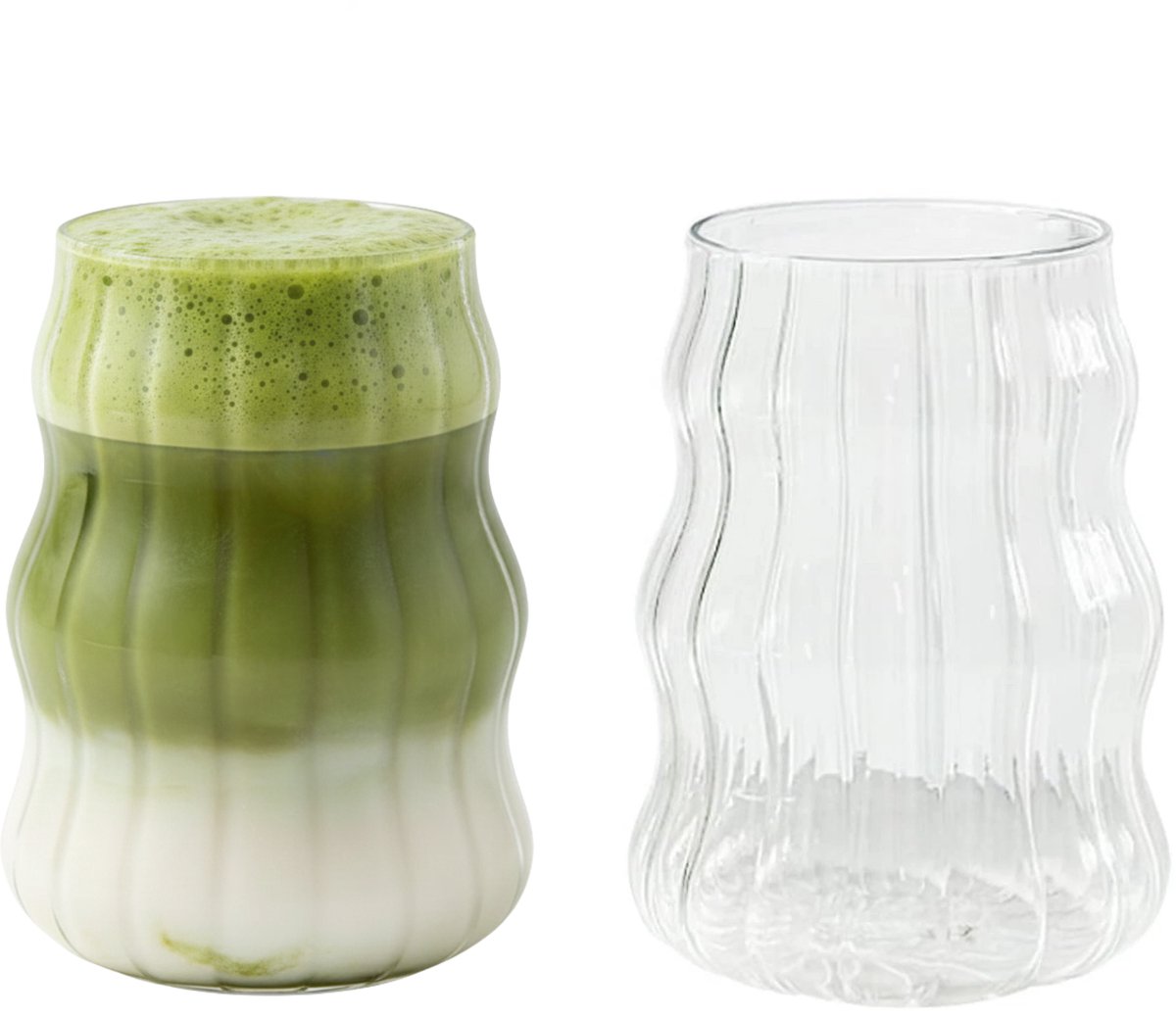 Vamora Mavli - Koffie Glazen - Theeglazen - Latte macchiato glazen - Matcha - Geribbelde glazen - cappuccino - transparant - set van 2 stuks - 500 ml