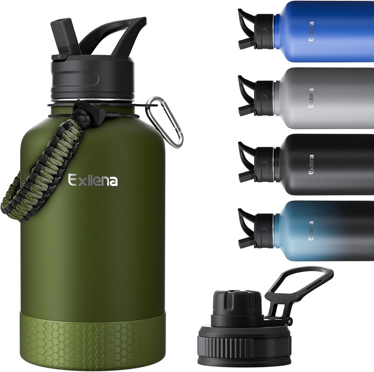 Grote Geïsoleerde Waterfles 2 Liter met Rietje en Twee Doppen - Army Groen