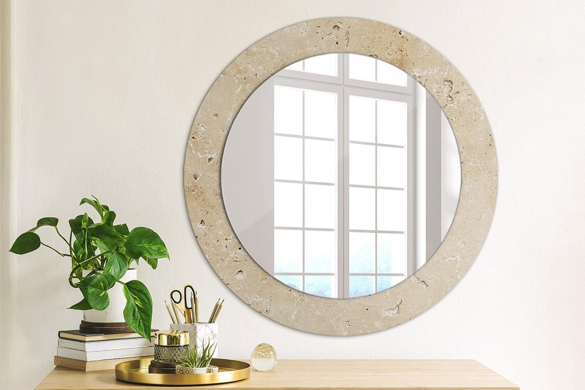 Coloray Bedrukte Spiegel - Imitatiesteen Spiegel Met Print - 60 cm - Beige Bedrukte Spiegel - Spiegel Met Print - Wandspiegel Met Print - Wandspiegel Decoratieve Print Beige Imitatiesteen