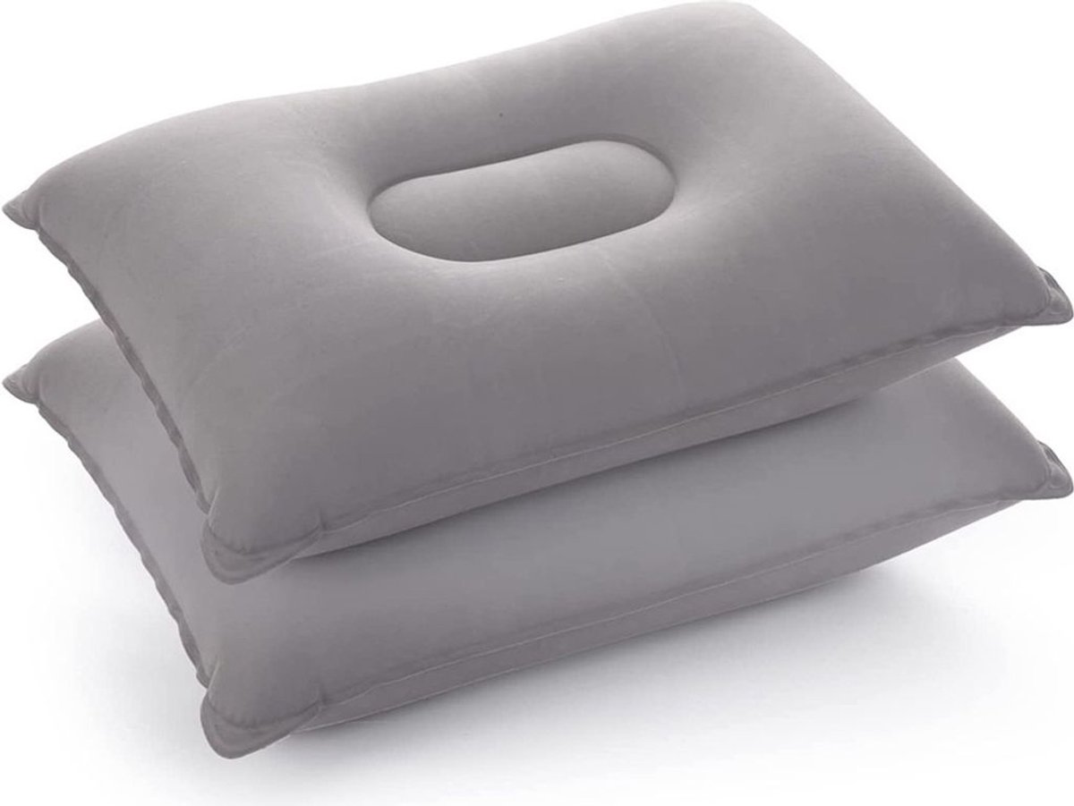 2-pack opblaasbare kampeerkussens van 38x24 cm, lichtgewicht reiskussens, luchtbedkussens voor op het strand, gevlokte hoofdsteunen