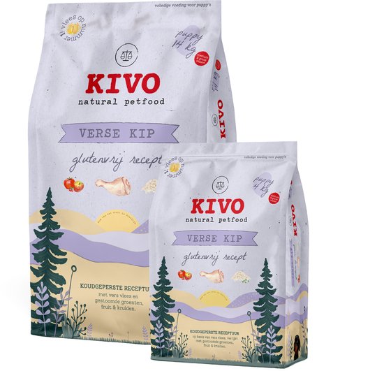 Twee zakken KIVO Verse Kip Puppyvoer, 14 kg en 4 kg. Zakken met illustraties van bomen, heuvels, een kip, tomaat en appel.