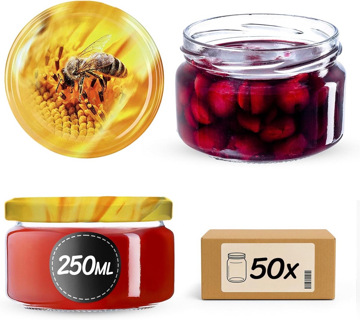 50 stuks Glazen Potjes met Deksel 250 ml voor Bewaren en Dessen