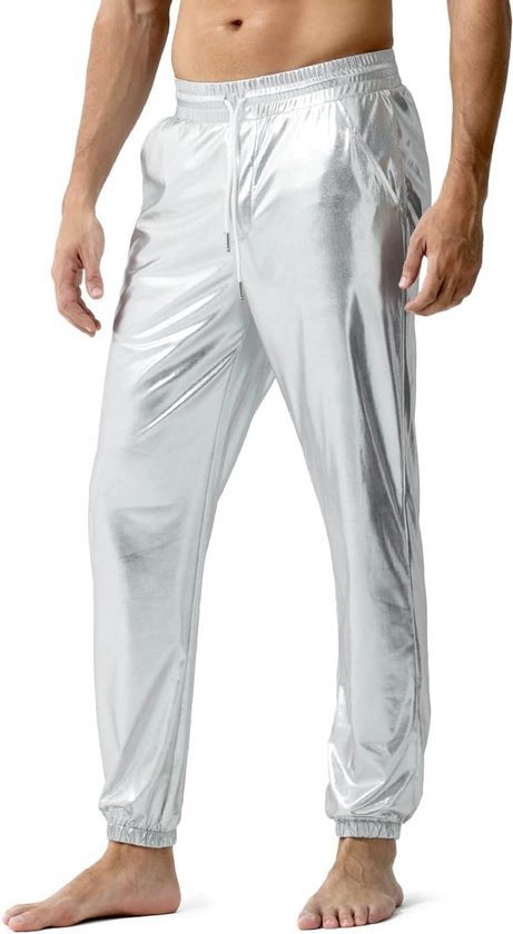 AIEOE Metallic broek voor heren, jaren '70, disco, party, hippiebroek, clubwear met zakken, S-3XL, zilver, S