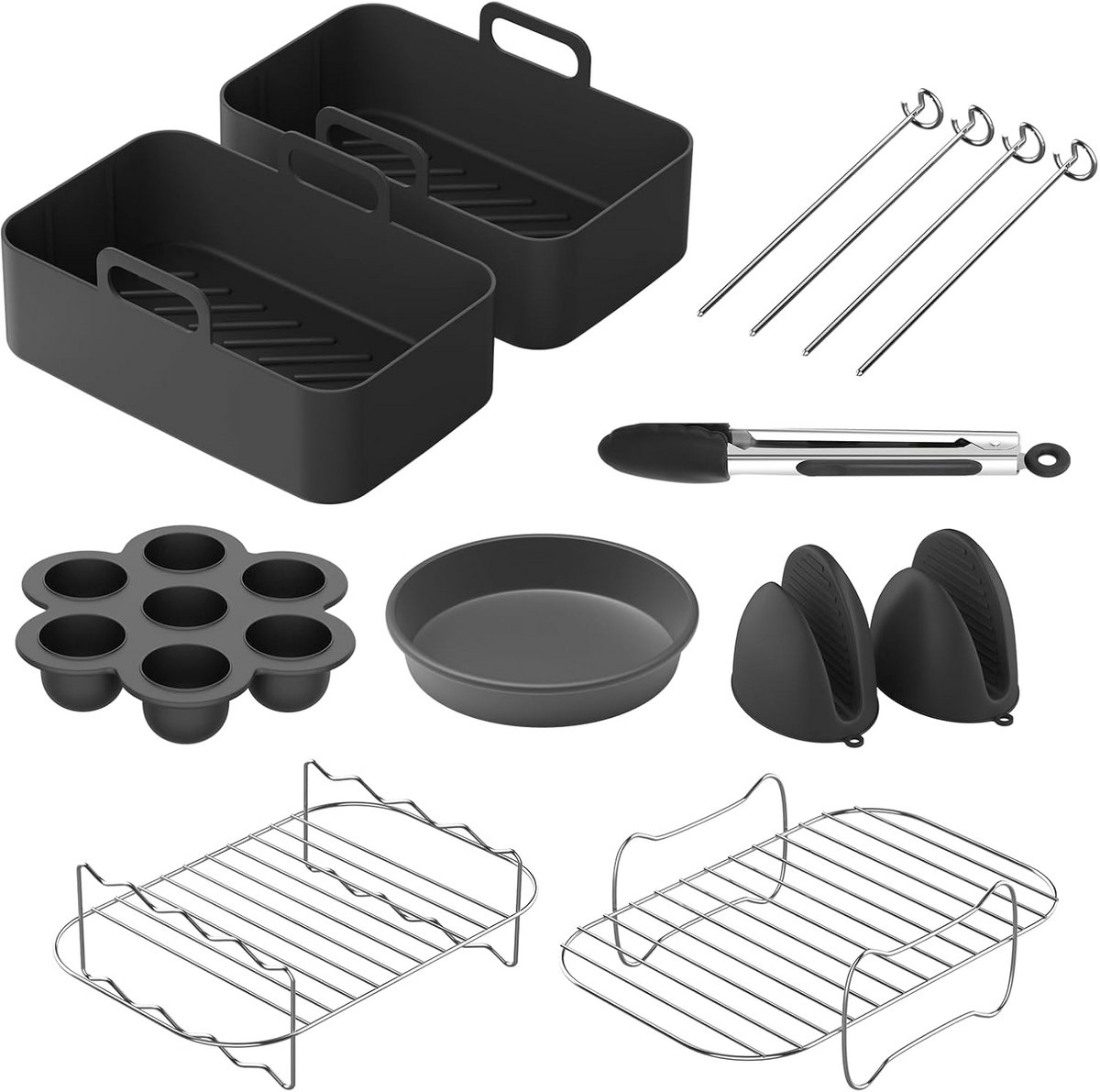 9-delige Accessoireset voor Luchtfriteuse: Inclusief Bakvormen en Spiesrek