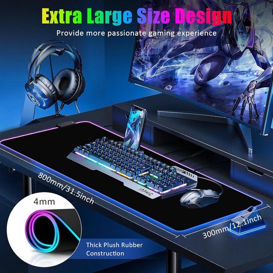 Grote RGB Gaming Muismat XL - Verlicht Met 15 Modi - Waterdicht en Antislip Bureau Onderlegger — afbeelding 4