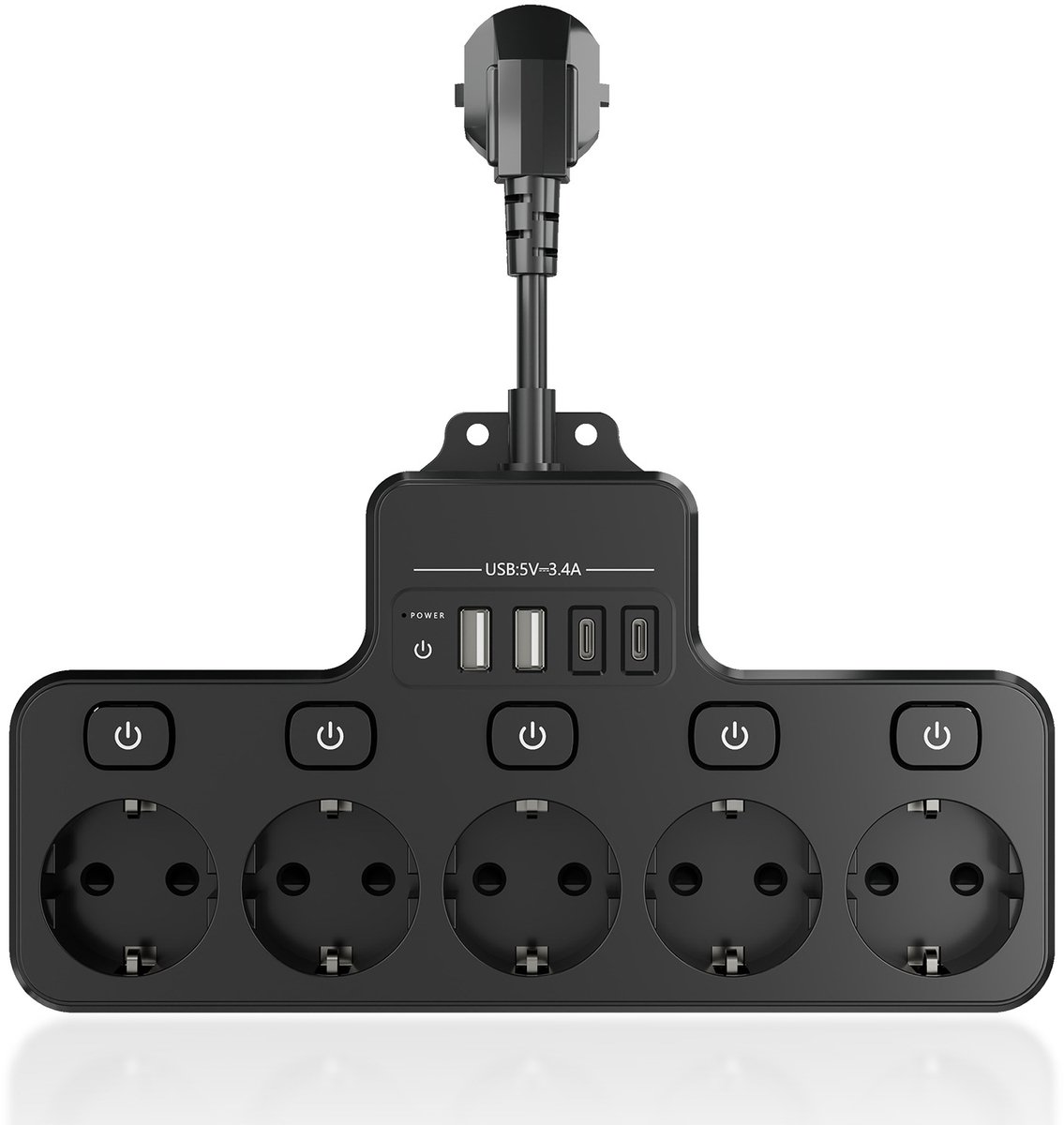Stekkerdoos, korte kabel, 5 gaten, meervoudige USB TYPE-C stekkerdoos, multifunctioneel stopcontact, verlengsnoer, met schakelaar, met USB, stroomstopcontact, geschikt voor thuis en kantoor, 1 stuk, zwart