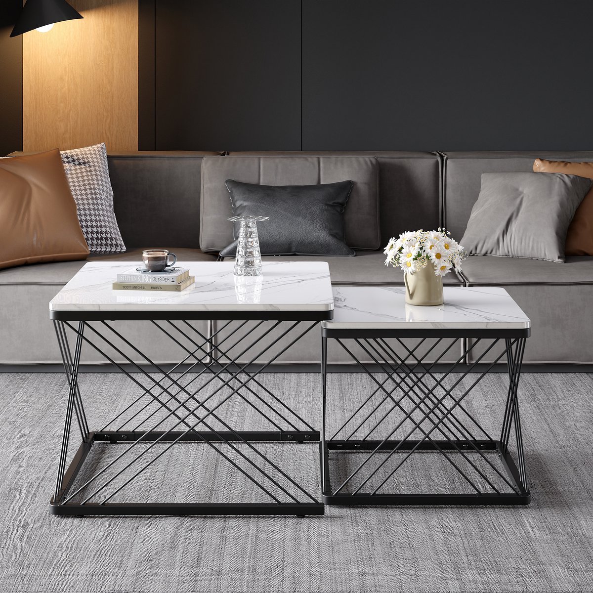 MODFU Set 2 nestbare hoogglans salontafels marmerprint 60x60x45 & 45x45x40 cm — verstelbare poten, 30 kg Wit