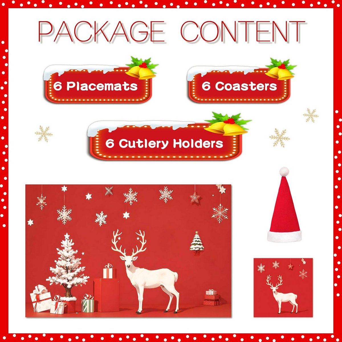 18-Delige Kerst Placemats Set: Tafelmatten, Onderzetters en Bestekhoezen - Wasbaar