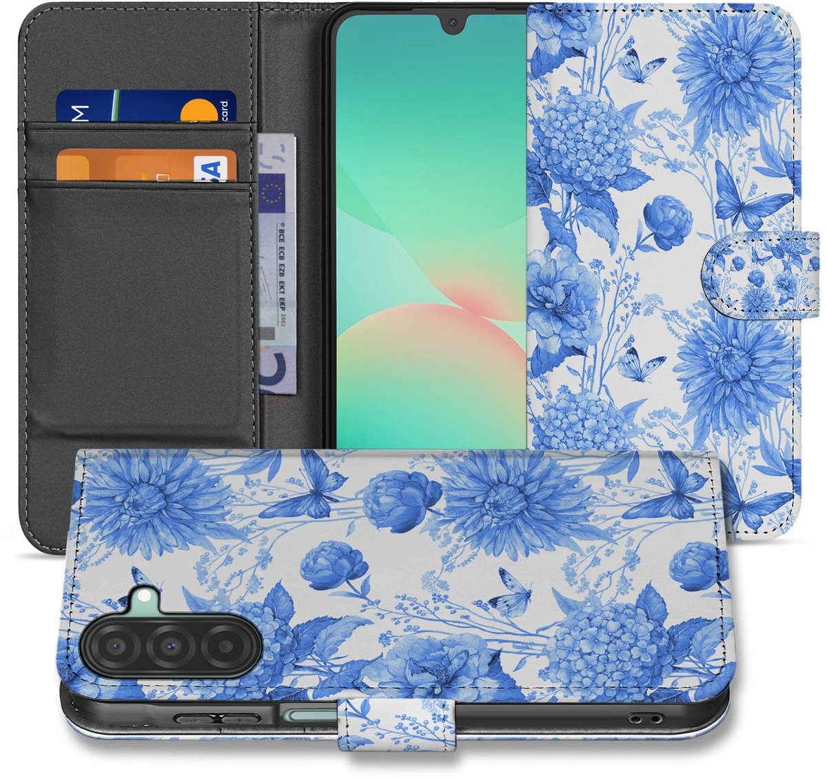 Samsung Galaxy A17 Portemonnee Hoesje Blauw Bloemen PU-Leer 3 Pasjes