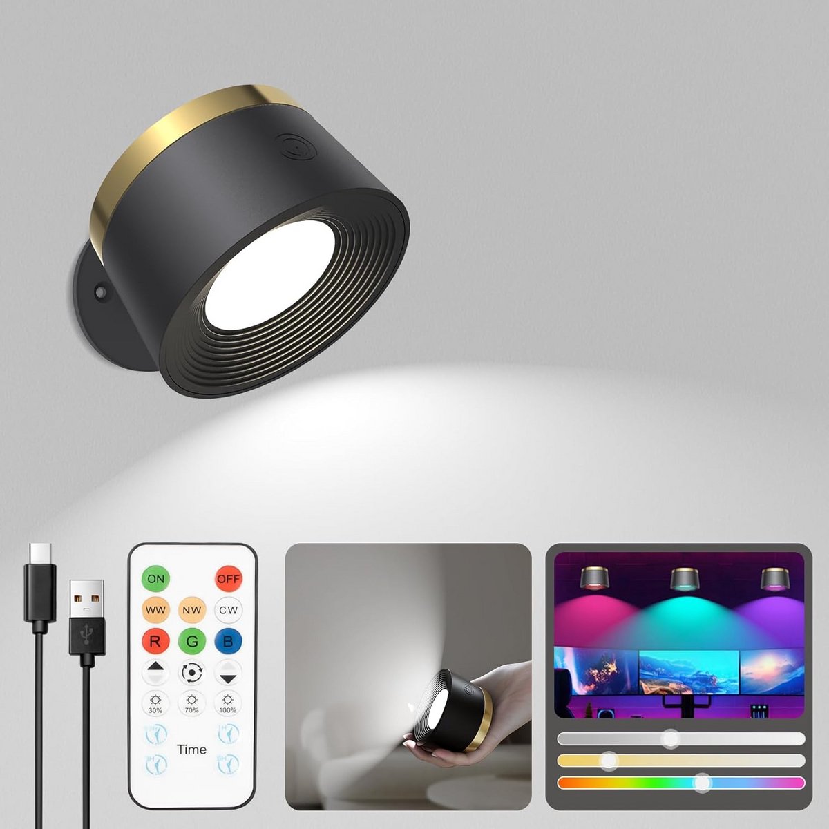 Oplaadbare LED Wandlamp met Afstandsbediening en 360° Draaibaar Licht