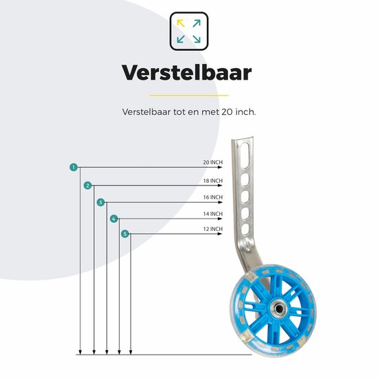 Maattabel voor zijwieltjes, verstelbaar tot 20 inch, met blauw wiel.