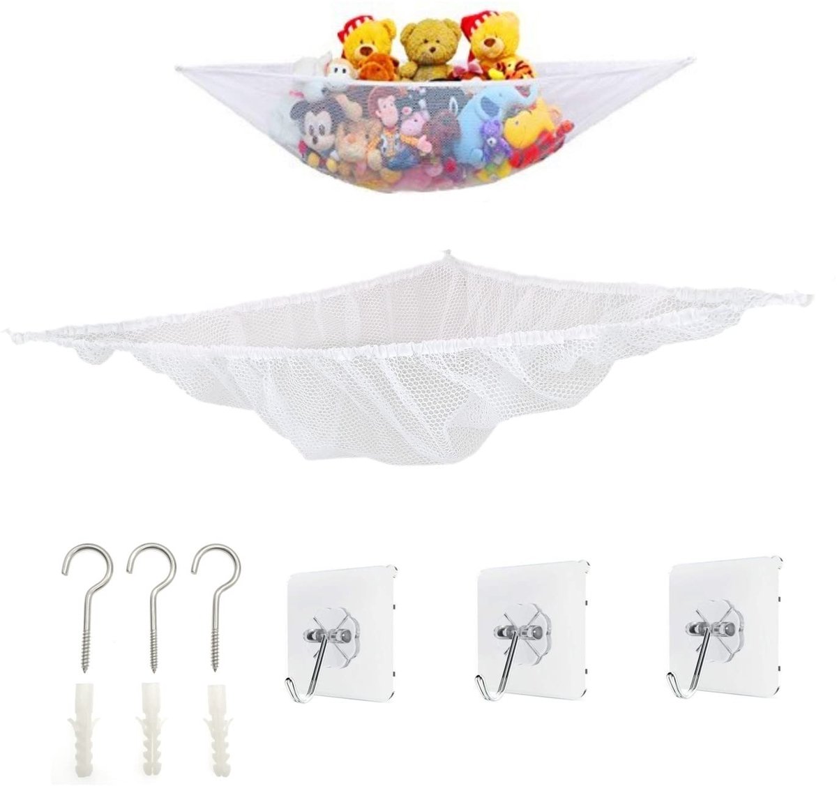 Hangmat met opbergruimte voor knuffels, groot opbergnet voor kinderspeelgoed met haken voor babykamer of badkamer, net voor het ophangen van teddyberen, opbergnet voor knuffels aan de muur