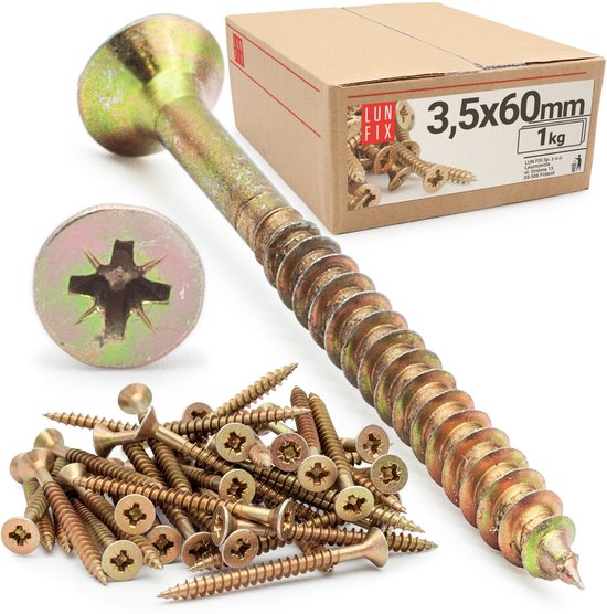 LUN FIX - Vis universelle 3,5x60 mm - 1kg (440 Pièces) - Empreinte cruciforme PZ2 - Tête fraisée - Vis à bois