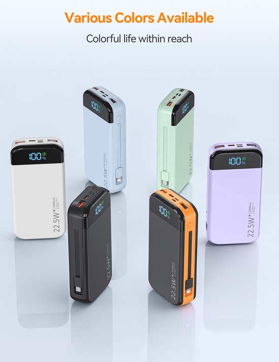 Sounix Powerbank 30 000 mAh avec câbles - Lightning, USB A, USB C & Micro USB - Chargeur rapide 22,5 W et affichage LED de la batterie - Convient pour iPhone & Samsung - Zwart/ Oranje