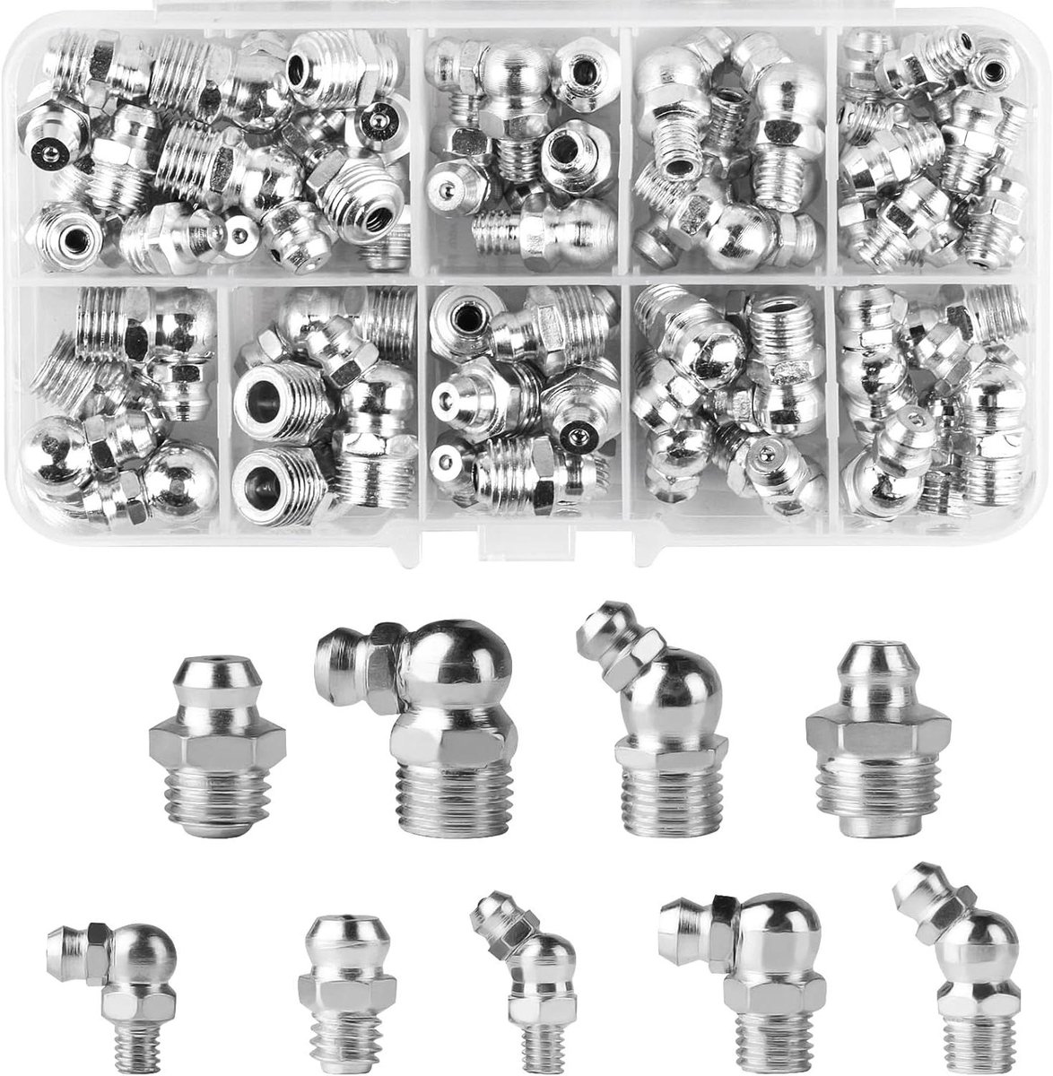 Ronte - Smeernippelassortiment M6 M8 M10 voor vetpistolen - 70 stuks - Hydraulische smeernippels - Conische nippels