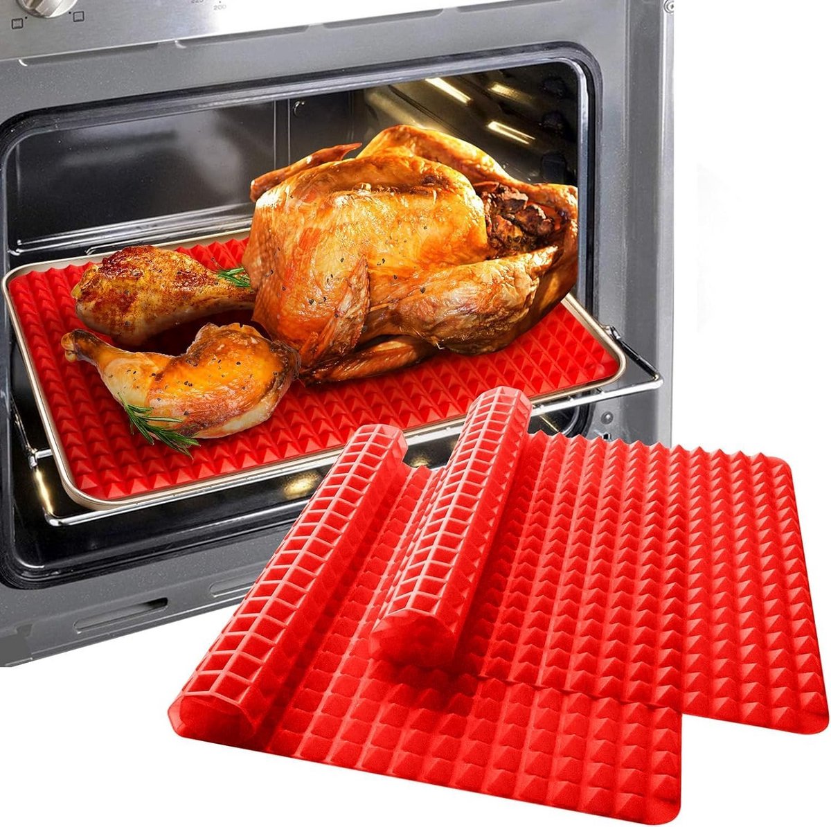 Siliconen Pyramid Bakmat 1/2 Pack – Anti-aanbaklaag voor Oven, Grill en BBQ, Hittebestendig, Groot Formaat, Kleur Rood