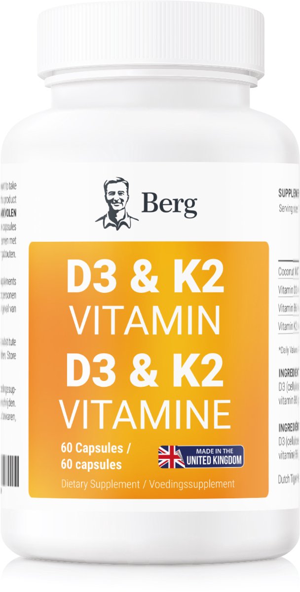 Berg Vitamine D3 + K2 met MCT-olie – Hoge dosering – 2000 IE D3 / 50 µg MK7 – 60 capsules