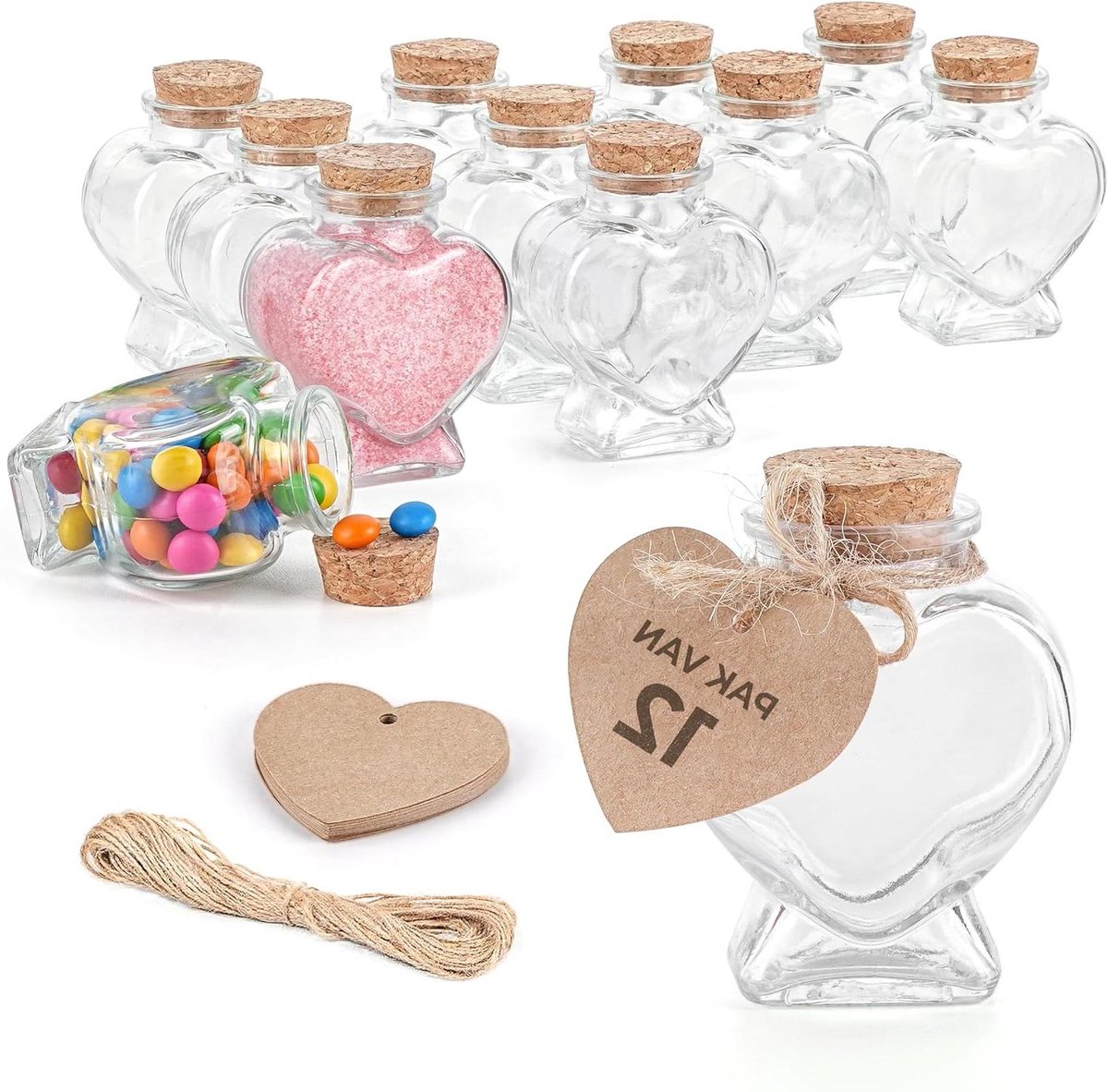 Ronte - Hartvormige Glazen Flessen (12 stuks) in Decoratieve Set - Mini Flesjes met Dop en Labels - Herbruikbare Rustieke Potjes voor DIY - Berichten en Decoratie - 70 ml