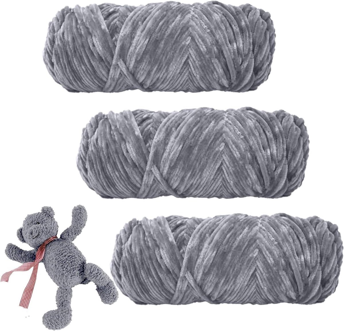 Ronte - Chenille Breiwol voor haken - Velvety - 3 rollen van 100 g - zachte babywol - chenillegaren - grijs - breigaren - hobbymateriaal.