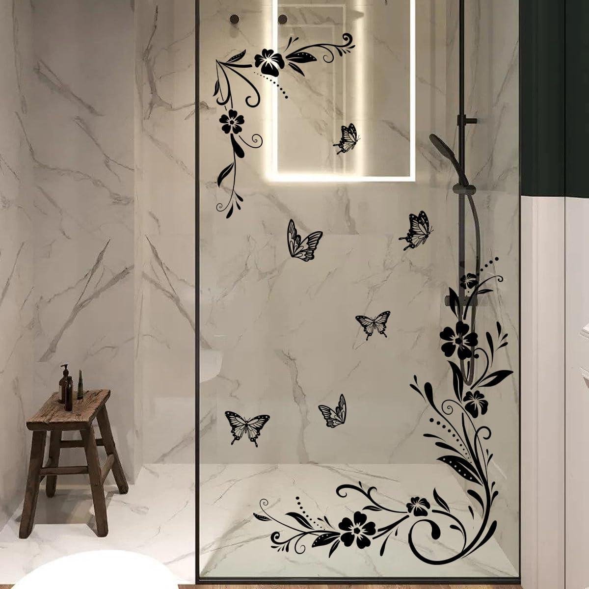 Ronte - Muurstickers Bloemen Wijnstokken Zwart voor Anti-Collision Raam - Vlinder Glazen Deur Decor Badkamer Woonkamer - Slaapkamer Kwekerij Kantoor - Decoratie Bloemen Thema.