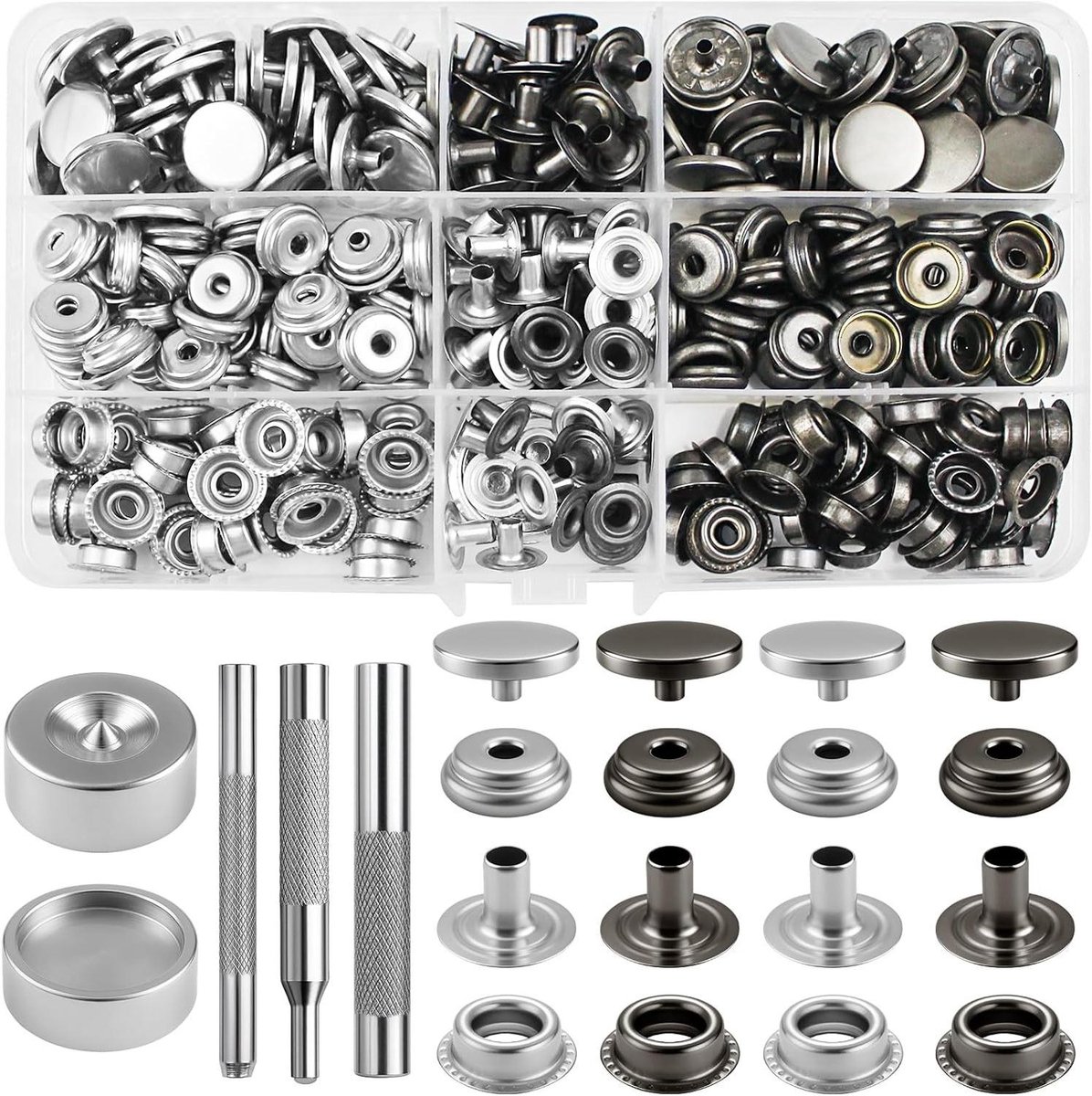 Ronte - Drukknopset 360 stuks, 15mm metaal, zwart/zilver, roestvrij staal, bevestigingsgereedschapset voor leer, kleding, jassen, jeans, handtas, doe-het-zelf - Duurzaam en handig.