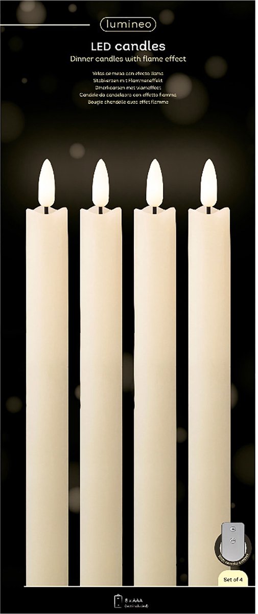 Lumineo LED kaars met afstandsbediening | 4 Dinerkaarsen | Wax | Creme | 24cm | Flikkerende vlam| Elektrische kaars | LED kaarsen met timer | Duurzaam | Veilig | Exclusief batterij AAA
