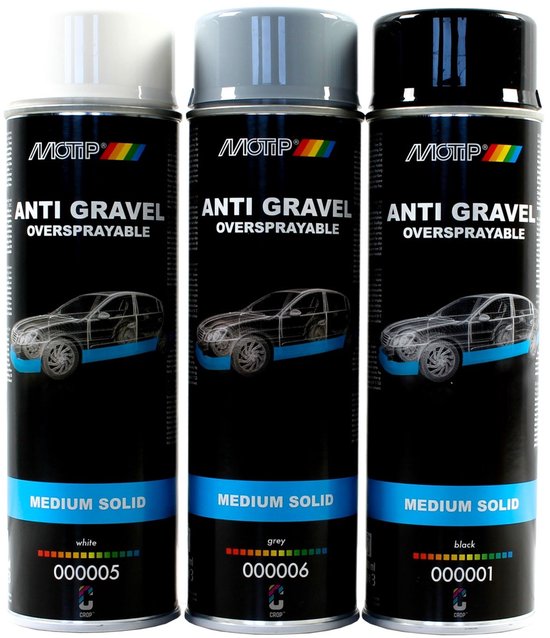 Drie Motip spuitbussen anti-gravel: wit, grijs en zwart